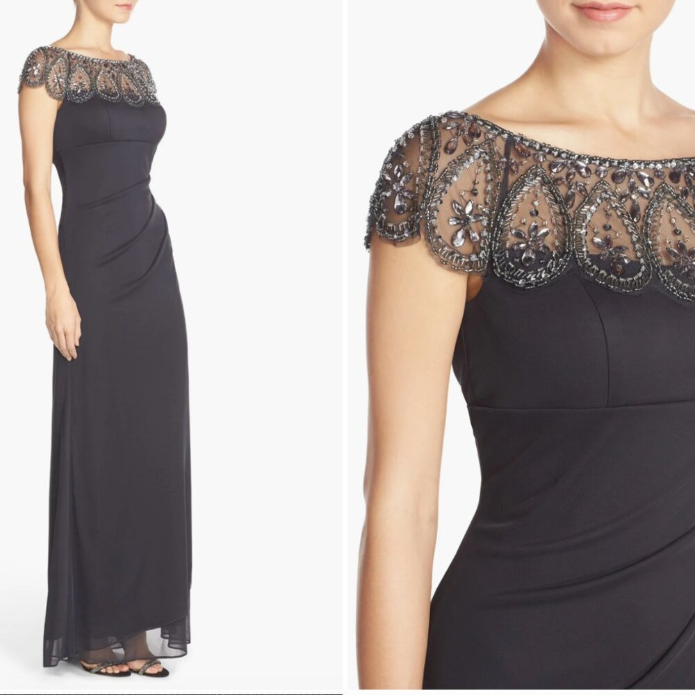 Navy Blue Xscape Ruched Jersey Gown with Beaded Cap Sleeve - size 4